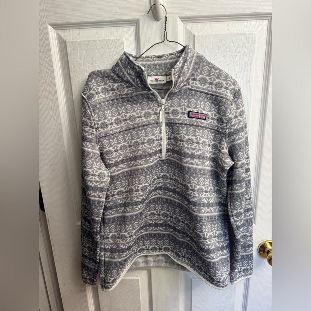 VINEYARD VINES Womans Grey White Fair Isle Fleece Pullover Quarter Zip M